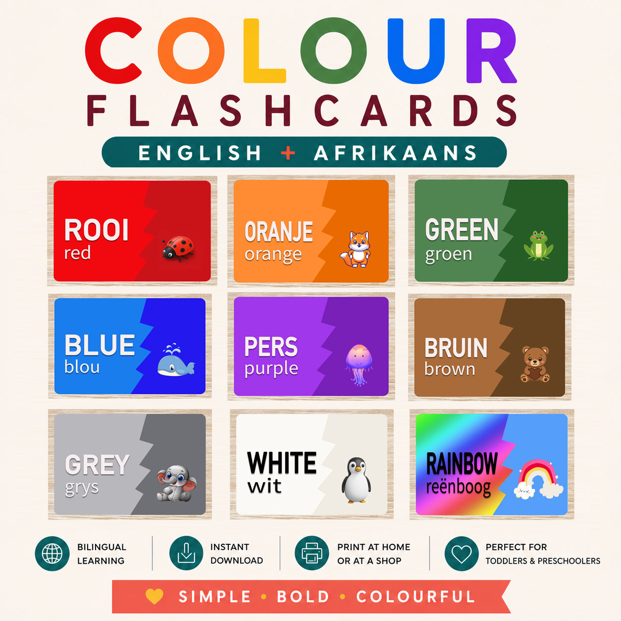 Bilingual Colour Flashcards (English & Afrikaans) | Printable PDF | Ages 3–6