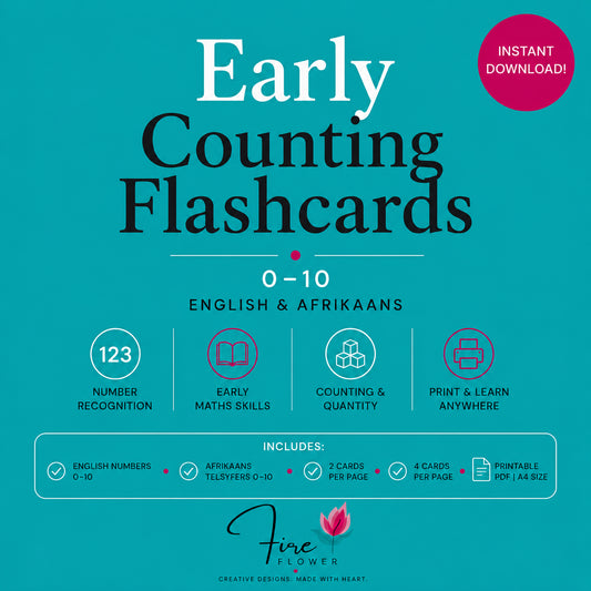 H - Printable Early Counting Flashcards (0–10) – English & Afrikaans set