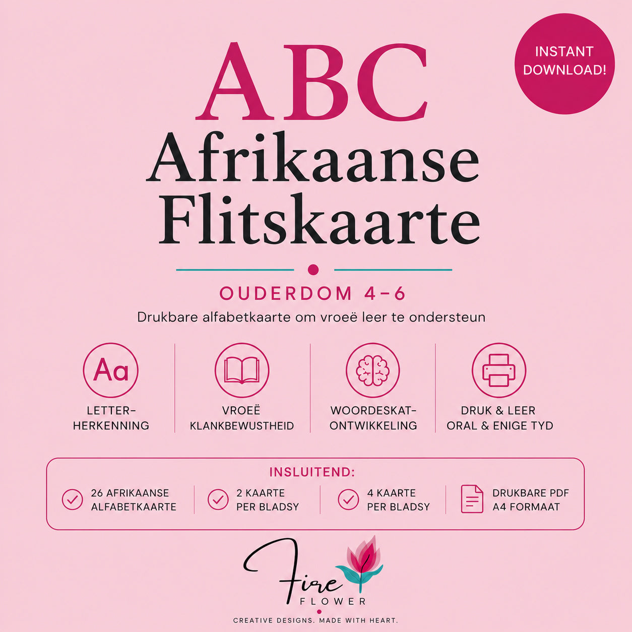 E - Drukbare Afrikaanse ABC Flitskaarte (Ouderdom 4–6)