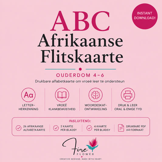 E - Drukbare Afrikaanse ABC Flitskaarte (Ouderdom 4–6)