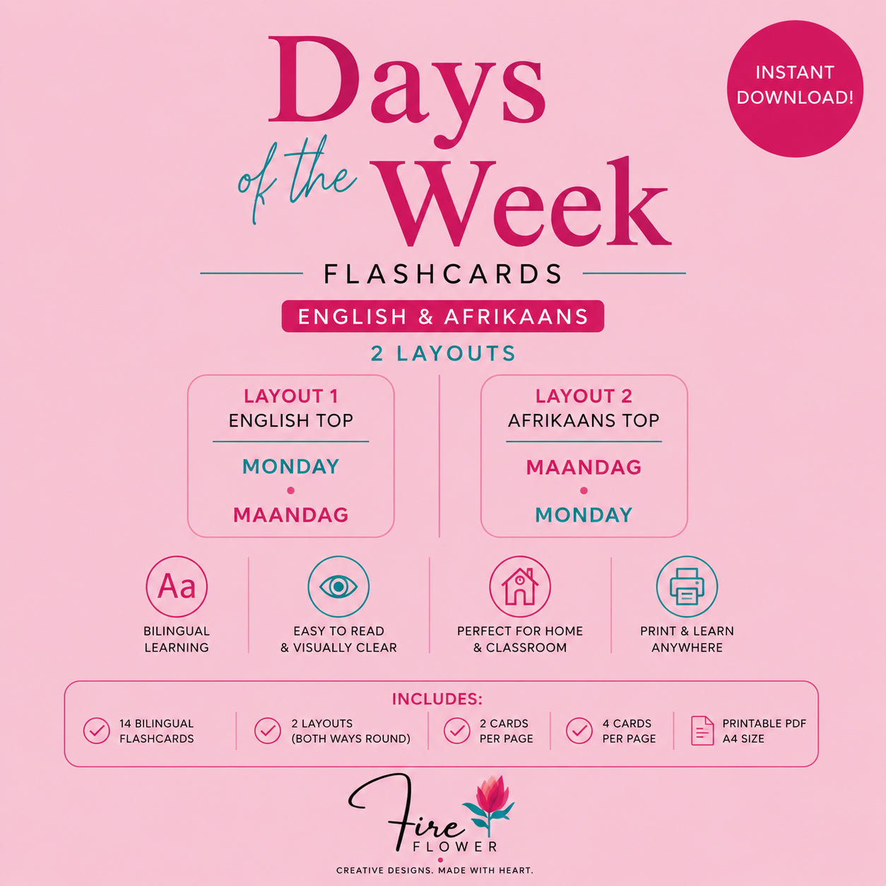 G - Printable Days of the Week Flashcards (English & Afrikaans – 2 Layouts)