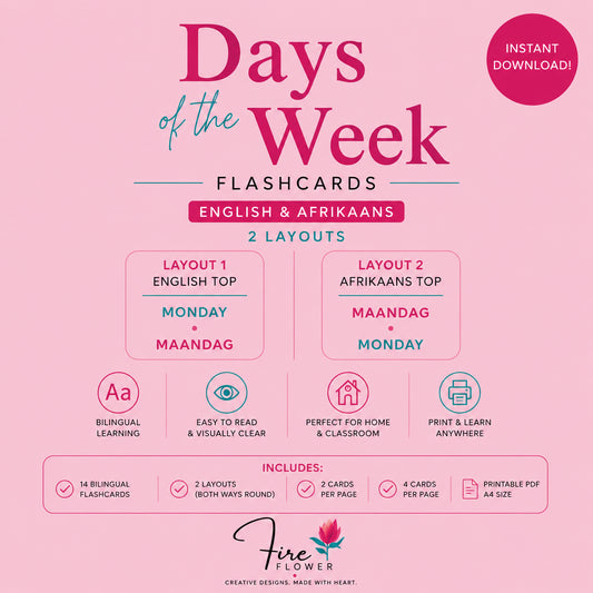 G - Printable Days of the Week Flashcards (English & Afrikaans – 2 Layouts)