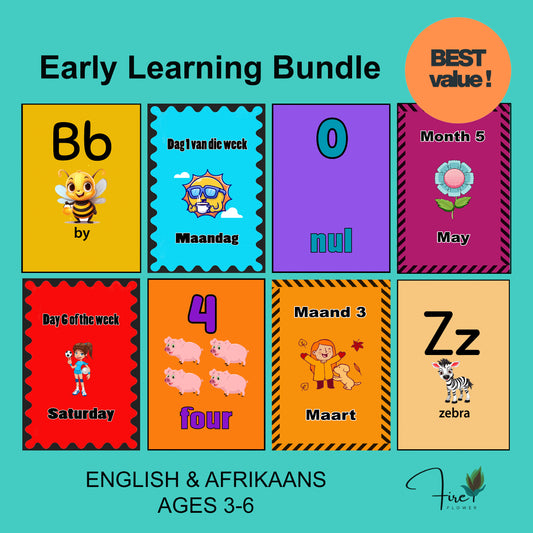 A – Early Learning Bundle (English & Afrikaans) – Printable Flashcards (2 Sizes)