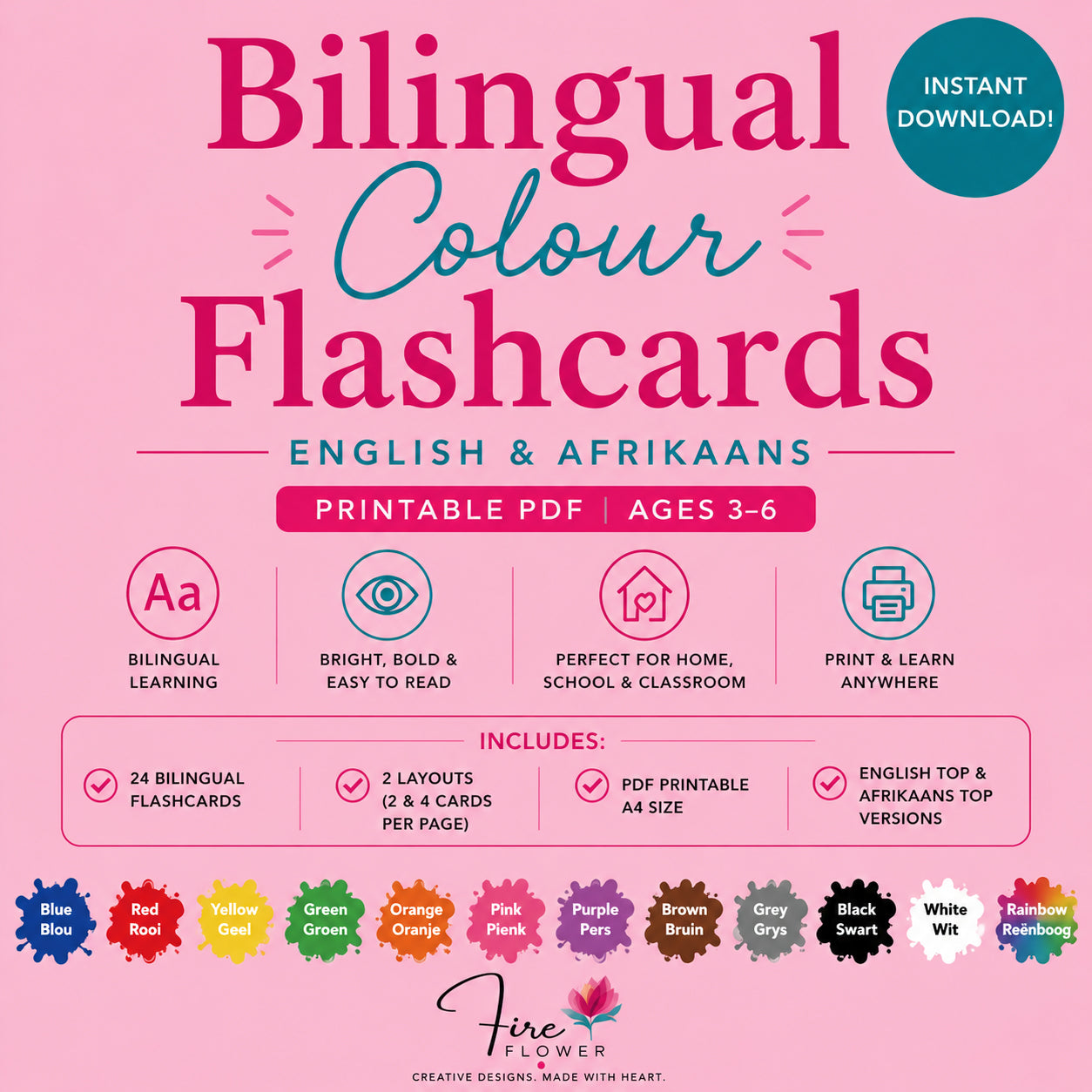 J - Bilingual Colour Flashcards (English & Afrikaans) | Printable PDF | Ages 3–6