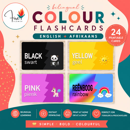 Bilingual Colour Flashcards (English & Afrikaans) | Printable PDF | Ages 3–6