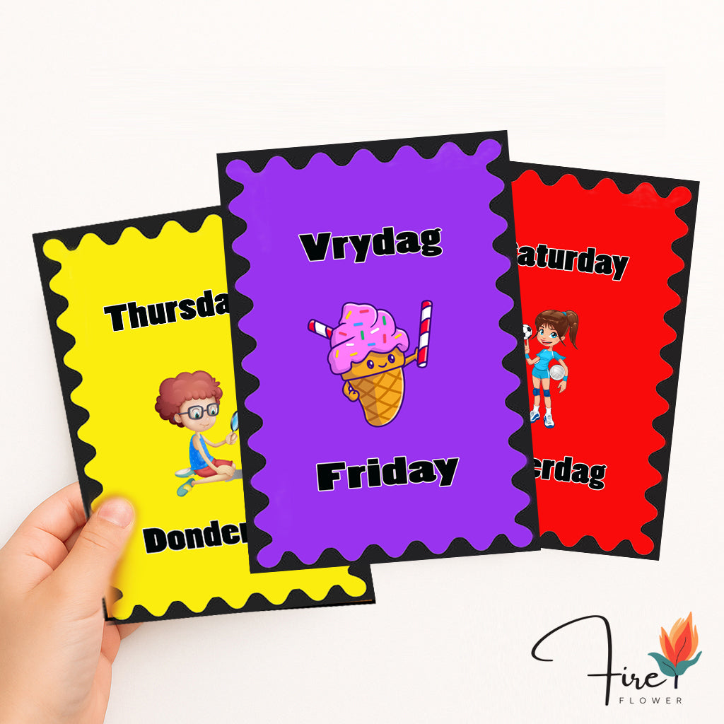Printable Days of the Week Flashcards (English & Afrikaans – 2 Layouts)