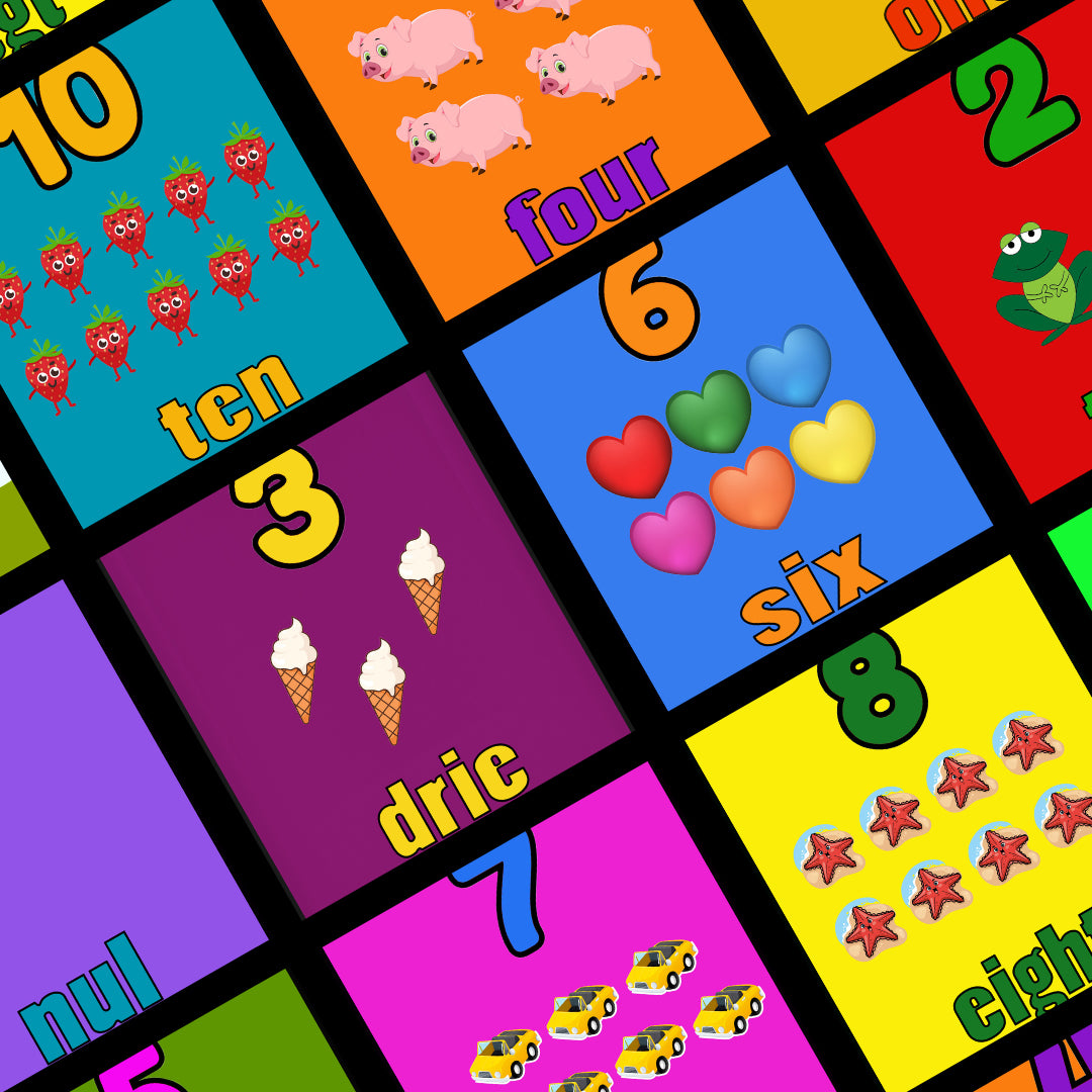 Early Counting Flashcards | Vroeë Telsyfers Flitskaarte (0 – 10) – English/Engels & Afrikaans