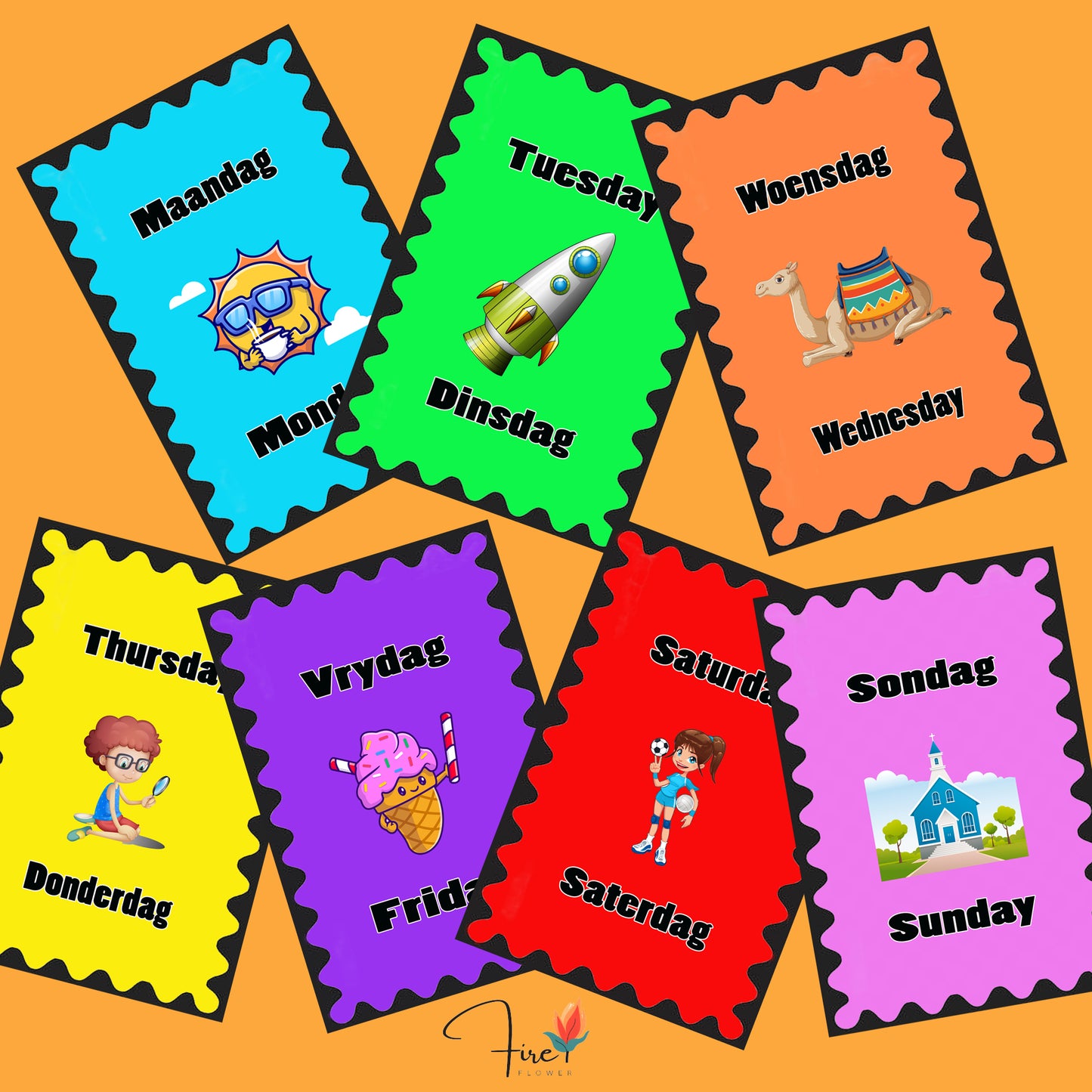 Printable Days of the Week Flashcards (English & Afrikaans – 2 Layouts)