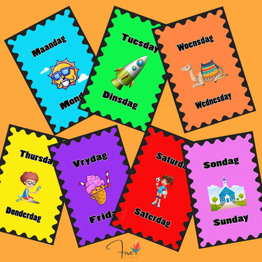 Printable Days of the Week Flashcards (English & Afrikaans – 2 Layouts)