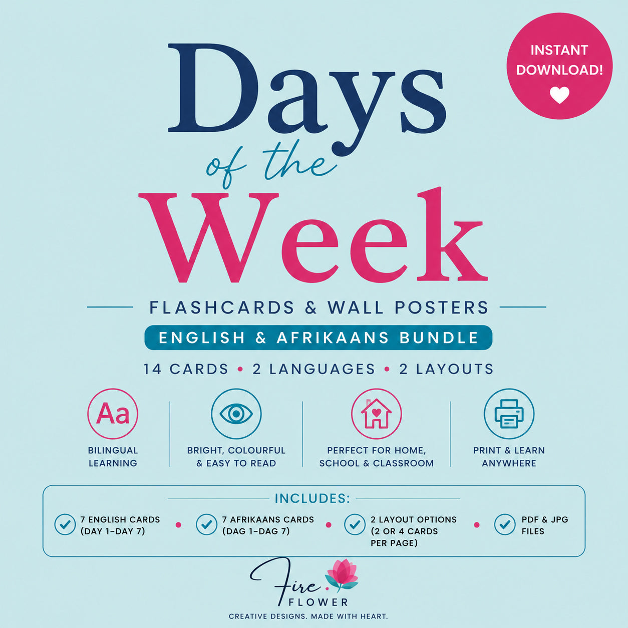 K - Printable Days of the Week Flashcards (English & Afrikaans Bundle - 2 Separate Sets)