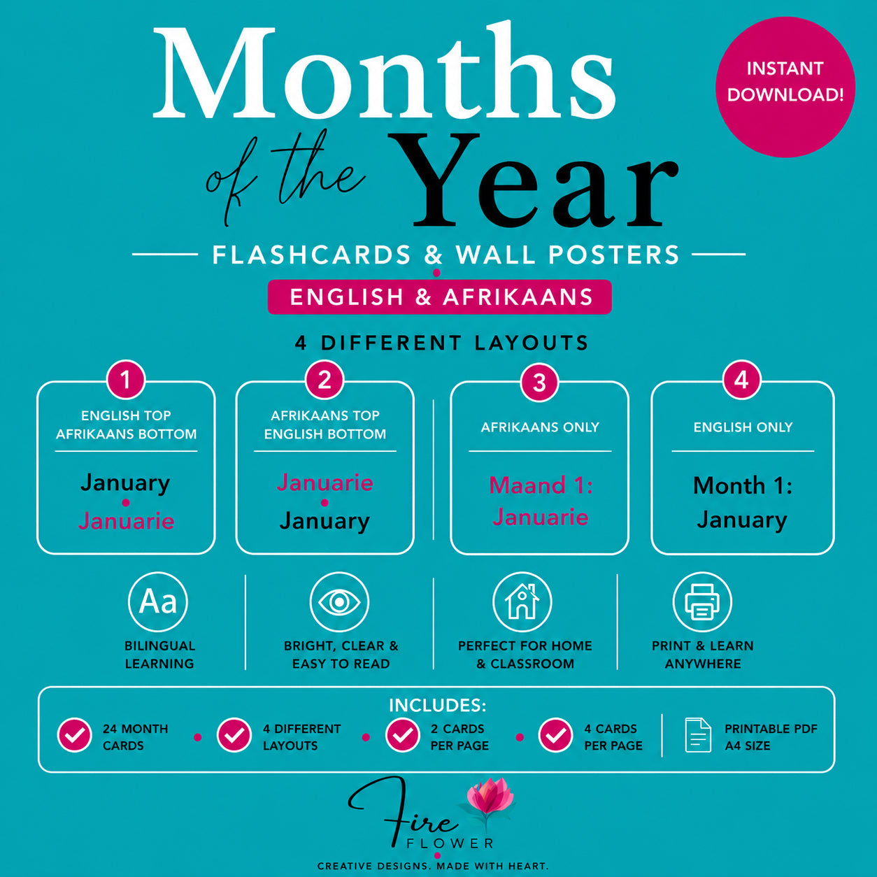 I - Printable Months of the Year Flashcards & Wall Posters – Bilingual (English & Afrikaans)