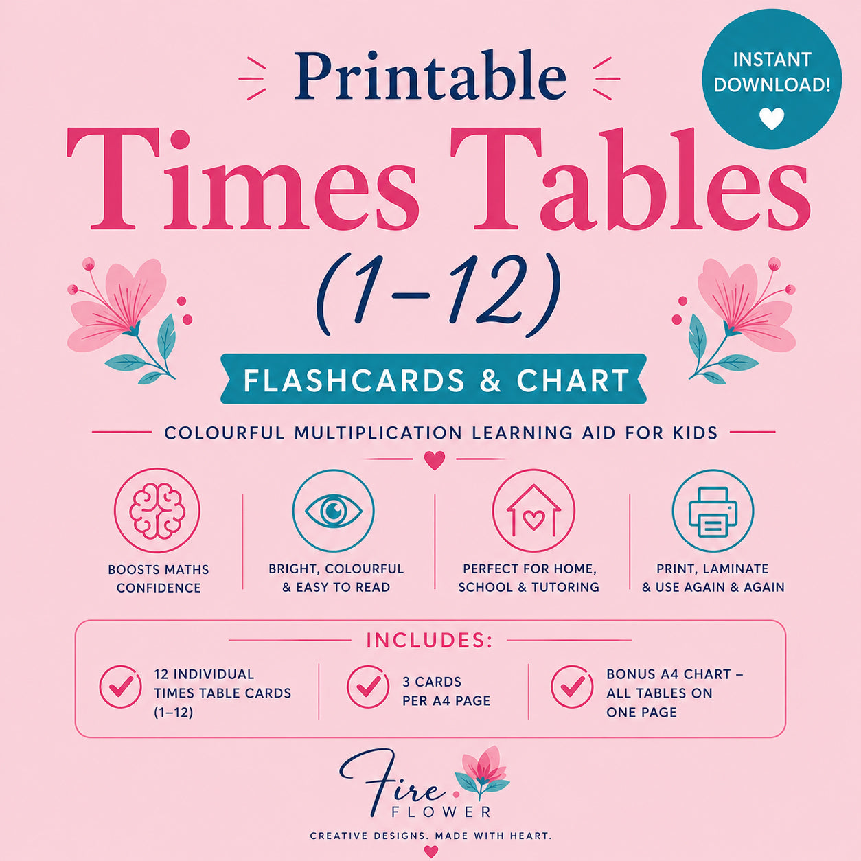L - Printable Times Tables (1–12) Flashcards & Chart – Colourful Multiplication Learning Aid for Kids