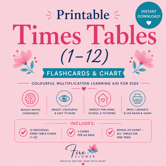 L - Printable Times Tables (1–12) Flashcards & Chart – Colourful Multiplication Learning Aid for Kids